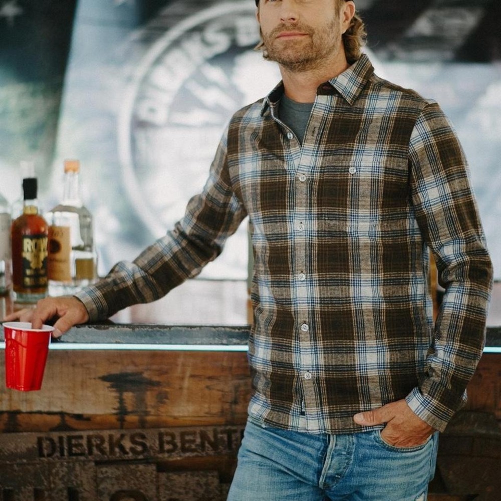 Desert Son,‎ Flags and Anthem, Dierks Bentley, brown + blue plaid button-up